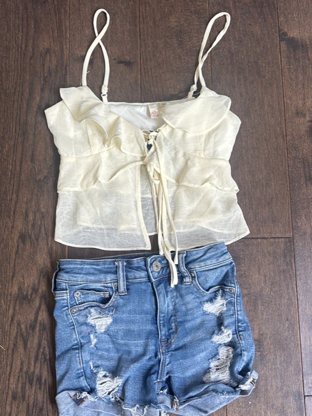 Sheer Ruffle Tie-Front Cami Top and AE denim shorts  - Cream